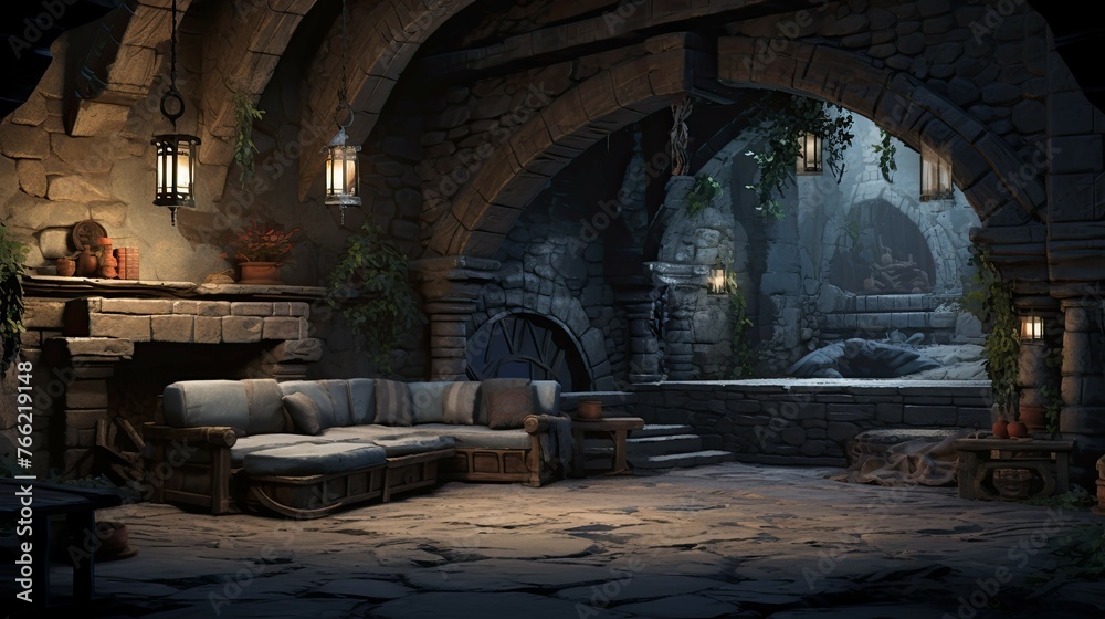 Fototapeta premium Fireplace in the old abandoned house. AI generated art illustration.