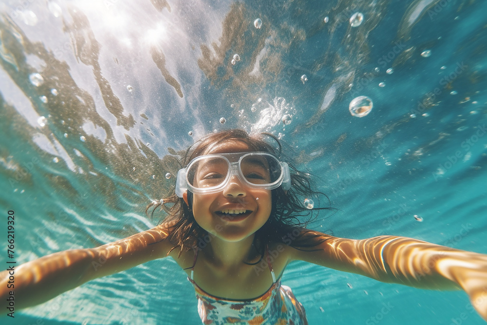 Fototapeta premium Happy child swimming underwater taking a selfie with goggle on