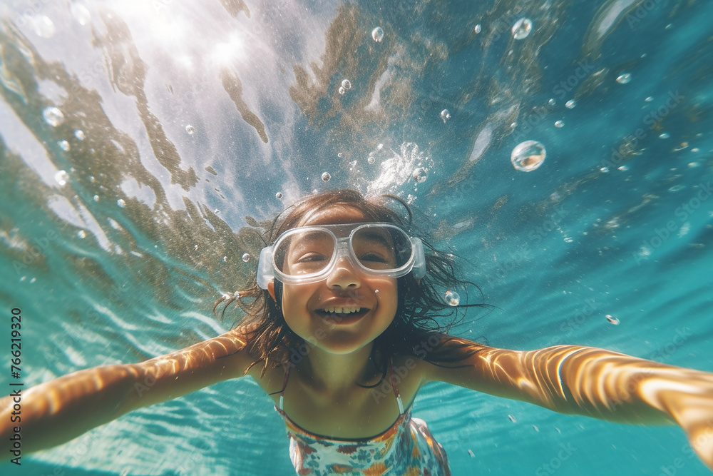 Happy child swimming underwater taking a selfie with goggle on