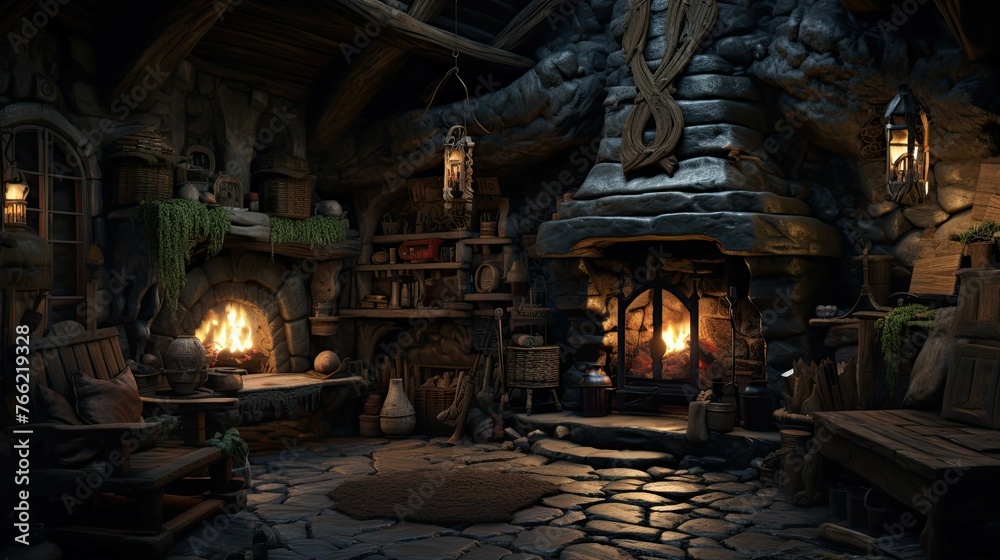 Fireplace in the old abandoned house. AI generated art illustration. Fireplace in the old abandoned house. AI generated art illustration.