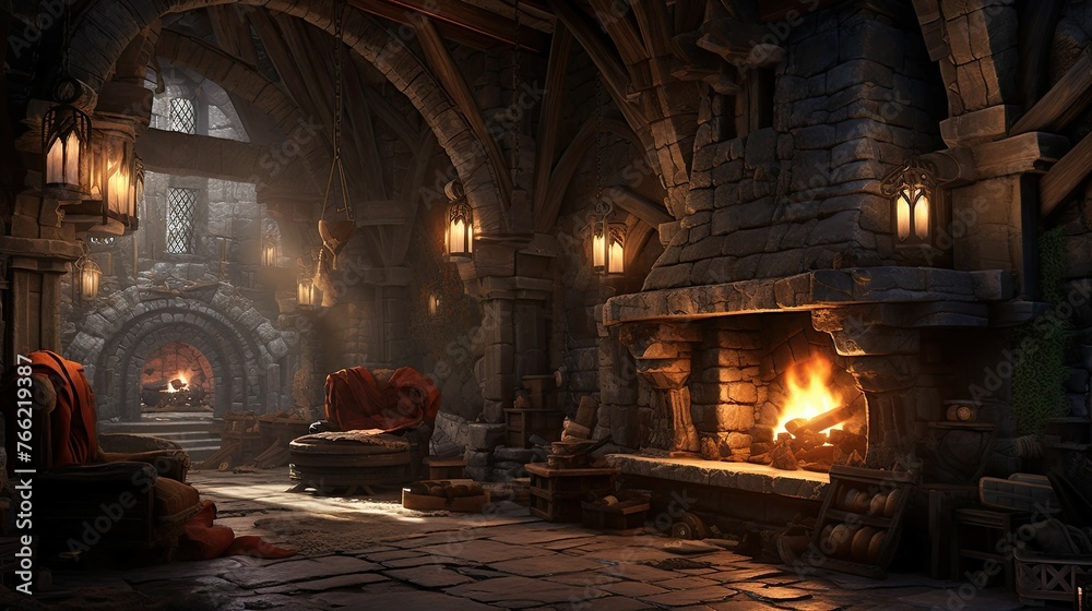 Fireplace in the old abandoned house. AI generated art illustration. Fireplace in the old abandoned house. AI generated art illustration.