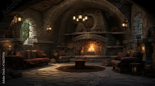 Fireplace in the old abandoned house. AI generated art illustration.