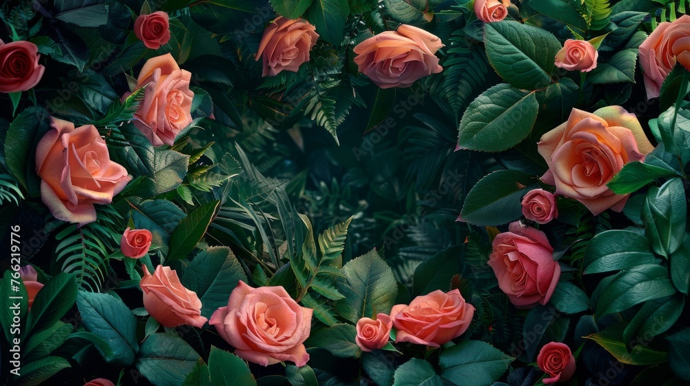 A charming floral frame composition composed of vibrant roses and lush foliage, enveloping a central void ideal for incorporating bespoke content A charming floral frame composition composed of vibrant roses and lush foliage, enveloping a central void ideal for incorporating bespoke content