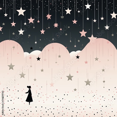 Aesthetic black and khaki star wallpaper  hard lines  flat style  children book illustration  hint of pink color.