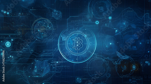 a blue background with symbols of bitcoins and financial technology on it