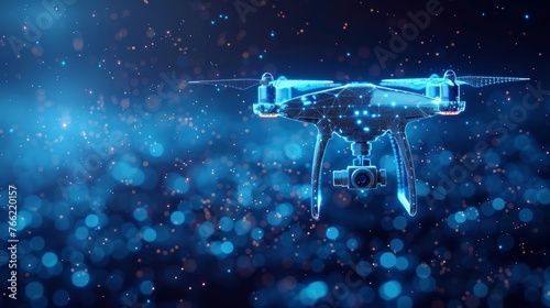 This is a digital modern 3d illustration of a drone with camera in dark blue. Drone videography, aerial photography, modern technology concept. Simple low poly quadcopter with dots, lines, stars, and photo