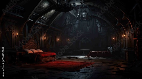 Vampire s Gothic Mansion Bedroom Environment - Interior. AI generated art illustration.  