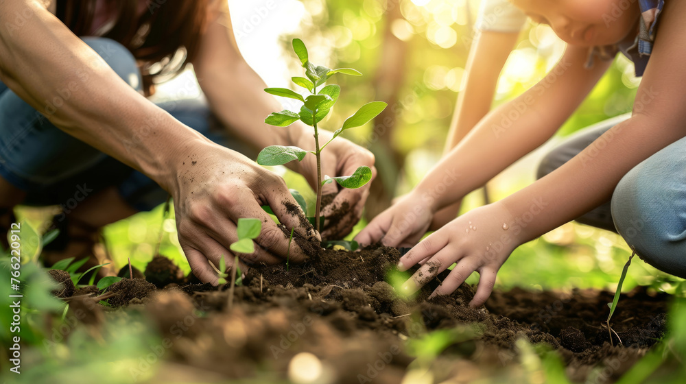 Fototapeta premium Family Planting Young Tree Together Outdoors 