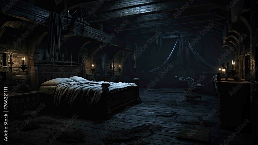 Vampire's Gothic Mansion Bedroom Environment - Interior. AI generated art illustration. Vampire's Gothic Mansion Bedroom Environment - Interior. AI generated art illustration.