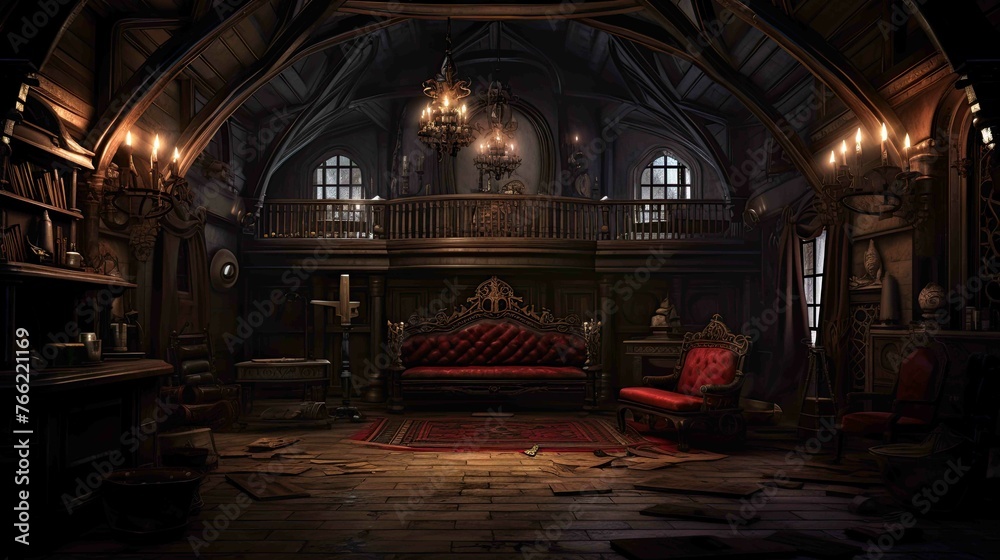 Vampire's Gothic Mansion Bedroom Environment - Interior. AI generated art illustration.	 