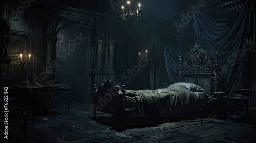 Vampire's Gothic Mansion Bedroom Environment - Interior. AI generated art illustration. 