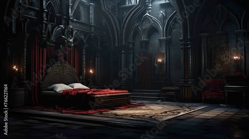 Vampire's Gothic Mansion Bedroom Environment - Interior. AI generated art illustration.	 