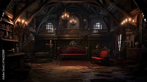 Vampire s Gothic Mansion Bedroom Environment - Interior. AI generated art illustration.  