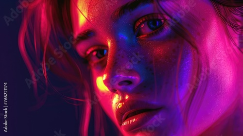 Neon Glow Portrait of Woman, vibrant portrait of a woman bathed in neon light, with a focus on her intense gaze. The image captures the interplay of light and shadow on her face © Viktorikus