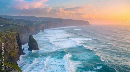 The Mosteiros coast in Sao Miguel island in the Azores archipelago, Portugal, features a wavy ocean © Emil