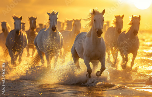 A herd of white horses galloping across the water  with sunlight shining on their hair and creating beautiful light effects