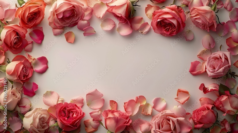 A striking banner adorned with a profusion of roses and delicate petals, creating an elegant border around a blank space waiting to be personalized A striking banner adorned with a profusion of roses and delicate petals, creating an elegant border around a blank space waiting to be personalized