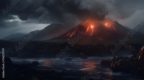 a lava landscape with dark clouds and a volcano