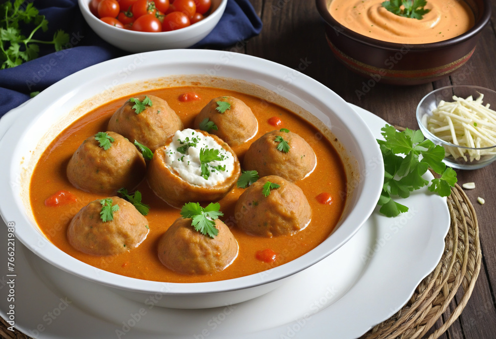 Malai kofta, traditional indian dish, vegetarian dumplings made of paneer and vegetables and creamy tomato based sauce colorful background