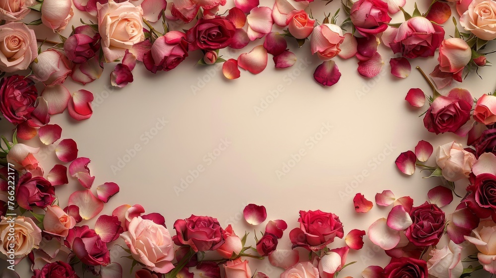 A striking banner adorned with a profusion of roses and delicate petals, creating an elegant border around a blank space waiting to be personalized A striking banner adorned with a profusion of roses and delicate petals, creating an elegant border around a blank space waiting to be personalized