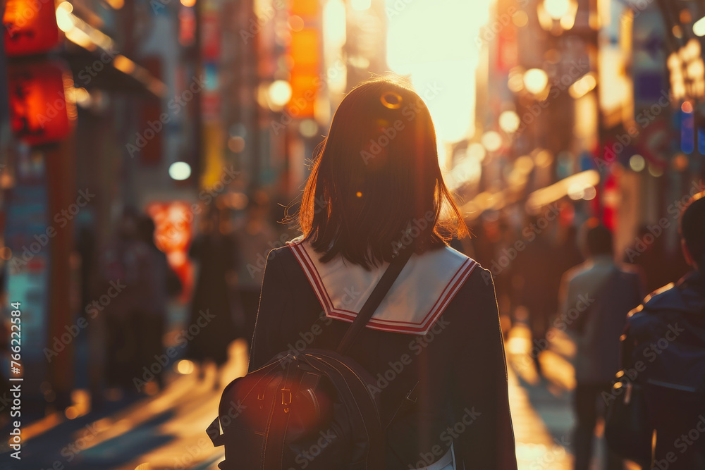 A detailed image of a beautiful girl in a school uniform, her face lit up by the warm light as she walks down a bustling city street - obrazy, fototapety, plakaty 