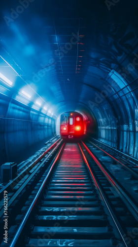  Red Lights Illuminate an Approaching Subway Train in a Tunnel