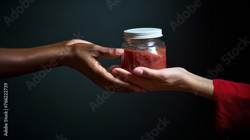 Close-up of the hand of a needy person and a volunteer with food on a black background. Charity, food aid, Assistance to Those in Need. photo