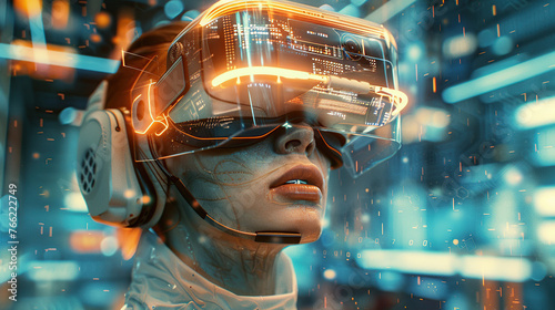 A person wearing VR glasses in a futurist world
