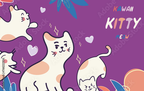 Kawaii Cats vector illustration  Smiling Kitty, cute and round-faced cat
