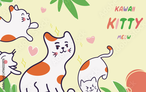 Kawaii Cats vector illustration  Smiling Kitty, cute and round-faced cat