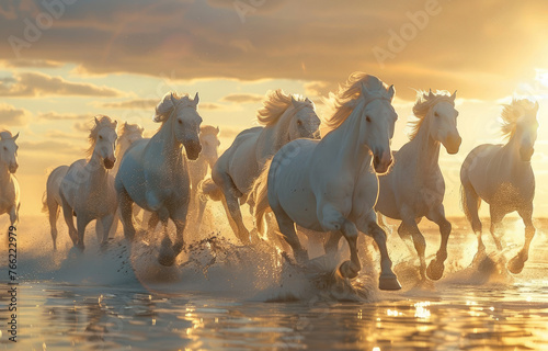 A herd of white horses galloping along the water, with sunlight shining on their hair and bodies against the backdrop of sunset