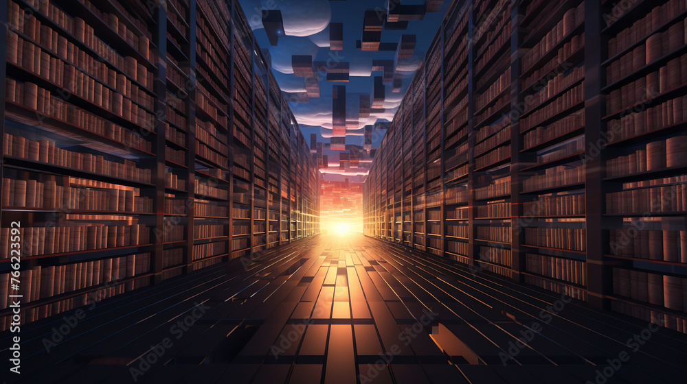 Virtual reality library endless book rows firstperson view sepiatoned dusk light , 3D style