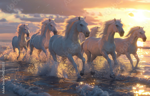 A herd of white horses galloping along the water  with sunlight shining on their hair and bodies against the backdrop of sunset