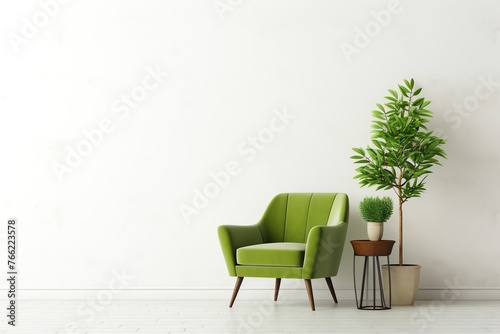a green chair and potted plant in a room © Vasile