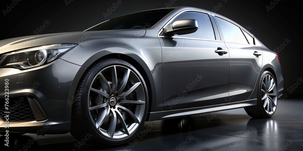 Close-up of Gray Modern Car on Black Background - Automotive Concept