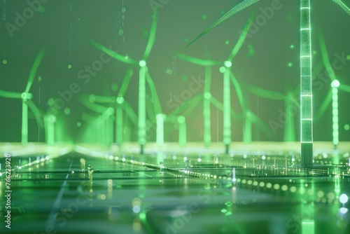 Several windmills lined up in a row. Clean energy concept. Technology green color palette
