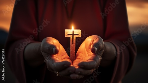 a person holding a lit cross