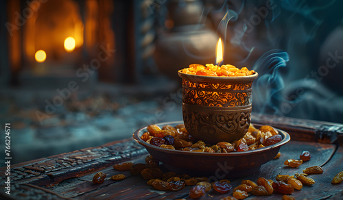 A still life photography shot featuring a bowl of raisins and a candle on a table in front of a fireplace, creating a cozy ambiance for a special event