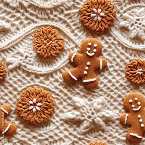 a group of cookies on a white knitted surface