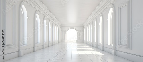 An architectural corridor featuring arched windows casting a soft light onto the white painted walls