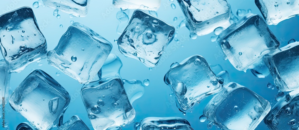 Transparent ice cubes are dropping into a vibrant azure liquid, creating an electrifying pattern in the fluid. A mesmerizing display of science and color