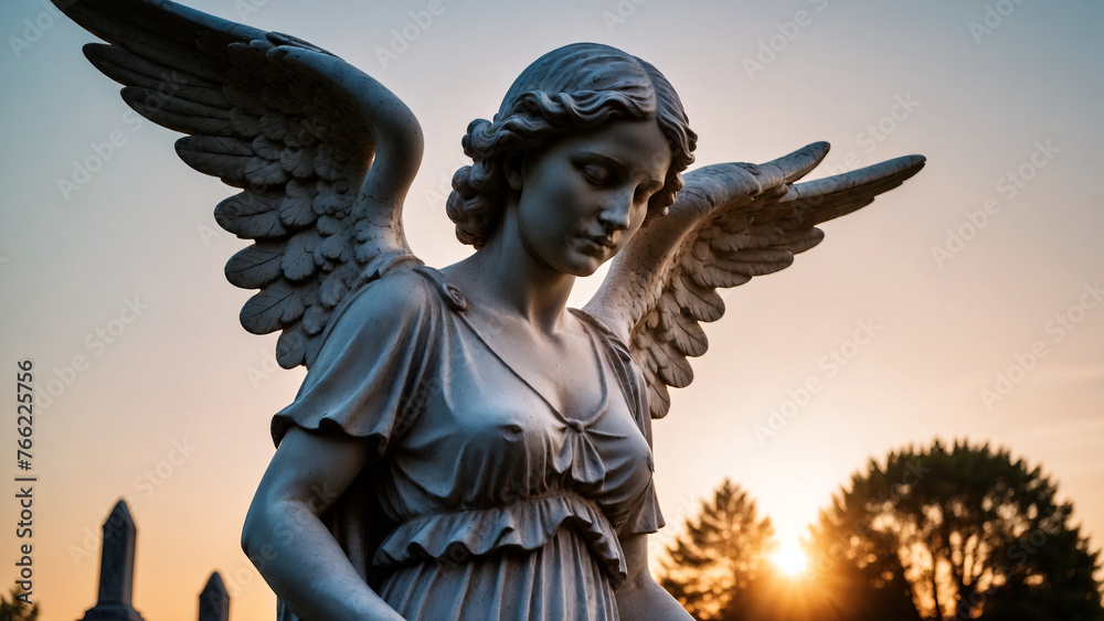 Fototapeta premium Sculpture of an angel in the cemetery at sunset