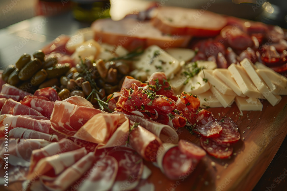 A detailed image of a charcuterie board featuring , cheese, and other cured meats A detailed image of a charcuterie board featuring , cheese, and other cured meats
