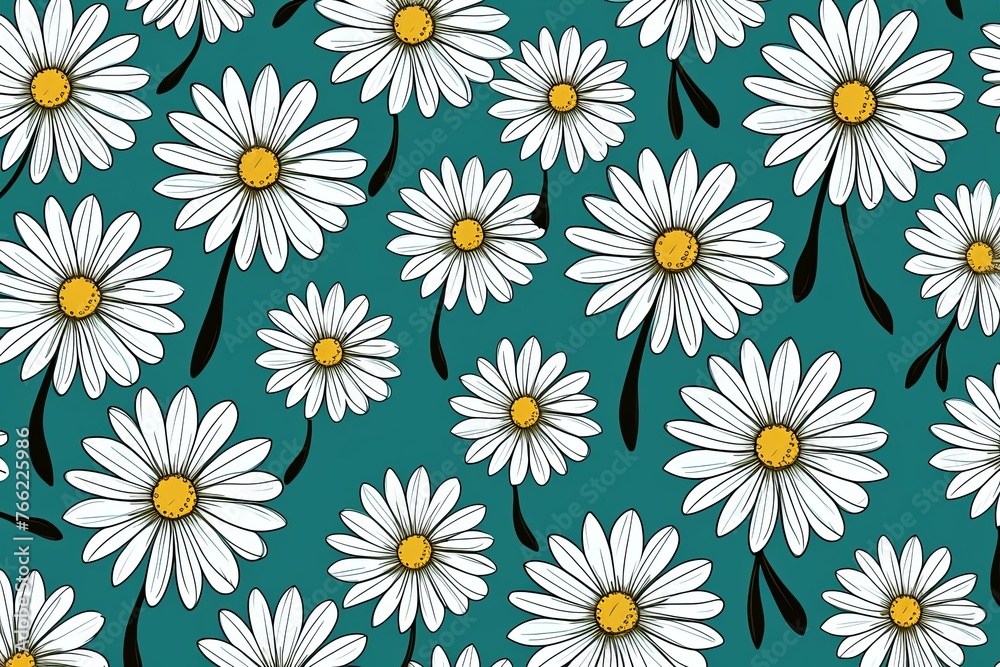 Daisy pattern, hand draw, simple line, green and azure