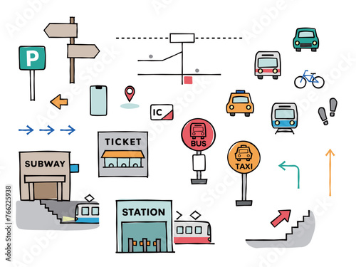 電車やバスの交通案内のシンプルなイラストとアイコン