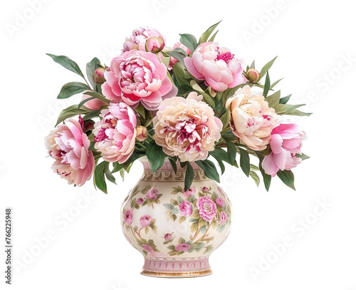 Pink peonies in a vintage porcelain vase, isolated. © Kosal
