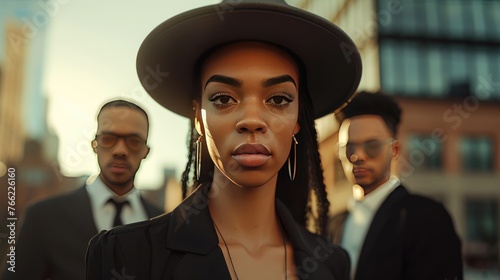 Urban Chic: Woman with Hat and City Backdrop, young woman in a stylish hat stands boldly against an urban cityscape, flanked by blurred figures, embodying contemporary sophistication