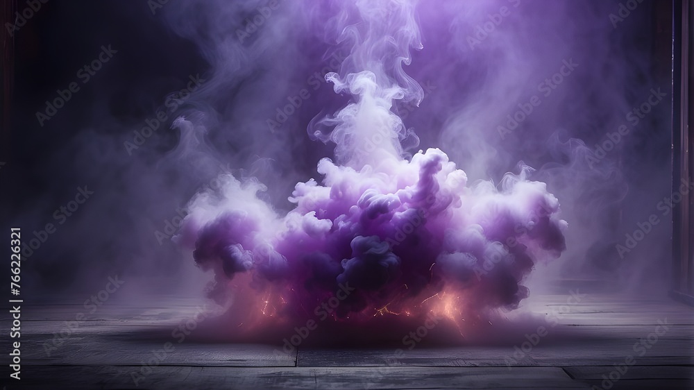 A dramatic smoke or fog effect with a purple, menacing glow is created by smoke shooting forth from a round, empty center, creating a spooky Halloween background. A dramatic smoke or fog effect with a purple, menacing glow is created by smoke shooting forth from a round, empty center, creating a spooky Halloween background.