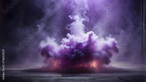 A dramatic smoke or fog effect with a purple, menacing glow is created by smoke shooting forth from a round, empty center, creating a spooky Halloween background.