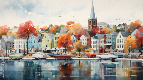 A watercolor painting of Sailboats on serene water in vibrant town, multicolored town with quaint architecture.